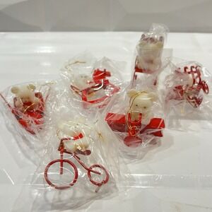 Vintage Set of 6 Ornaments Bear on‎ Red Metal Sled Bike Rocking Horse ROC Taiwan